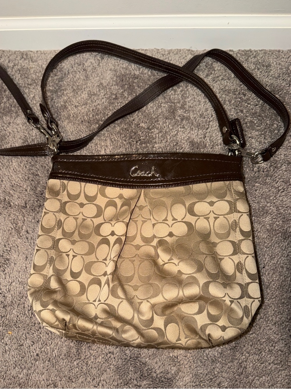 Coach Signature File Crossbody Bag Khaki Brown Jacquard Canvas Leather Trim